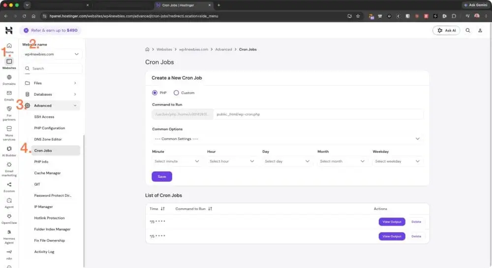 screen capture of WordPress cron job