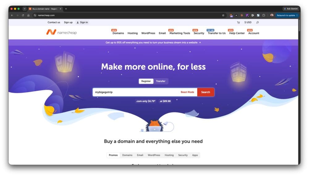 Screenshot searching for domain names
