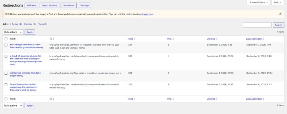 redirections in the Rank Math plugin