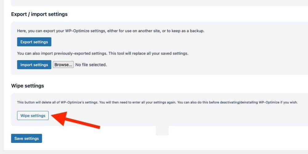 remove all wp-optimize settings