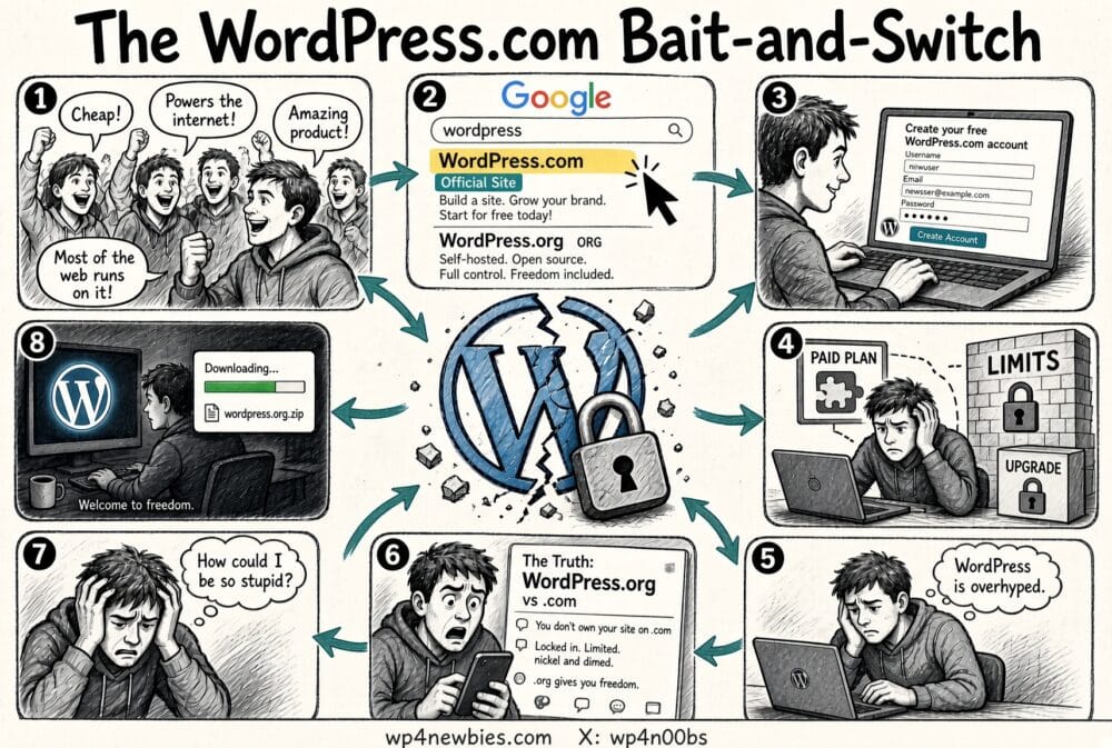 WordPress.com bait-and-switch cartoon panel
